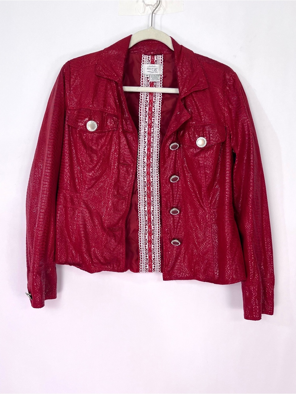 Just B Red Snakeskin Animal Print Jacket Rhinestone Bling Buttons Sz Medium - Picture 3 of 6